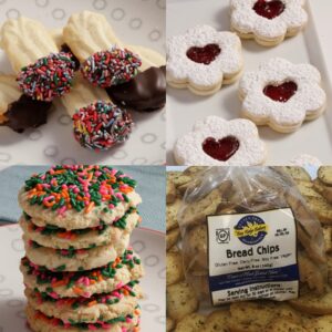 Gluten-Free and Nut-Free Variety Box comes with Linzer, Butter, and Sprinkle Cookies as well as Bread Chips to create a delicious sweet and salty spread.