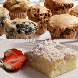 Gluten-Free and Nut-Free Medium Breakfast Box featuring Blueberry and Chocolate Chip muffins and Coffee Cake. Ideal for any breakfast spread.