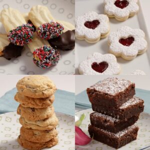 Gluten-Free and Nut-Free Cookie Variety Box gives the perfect sampling of brownies, Linzer cookies, chocolate chips, and butter cookies.